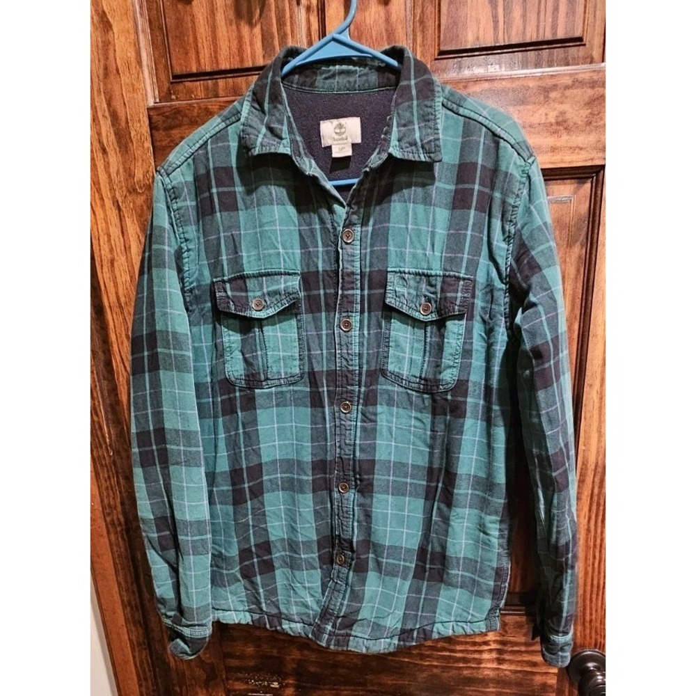 Timberland Mens Fleece Lined Plaid Button Up Shacket Green Black 6216J Small